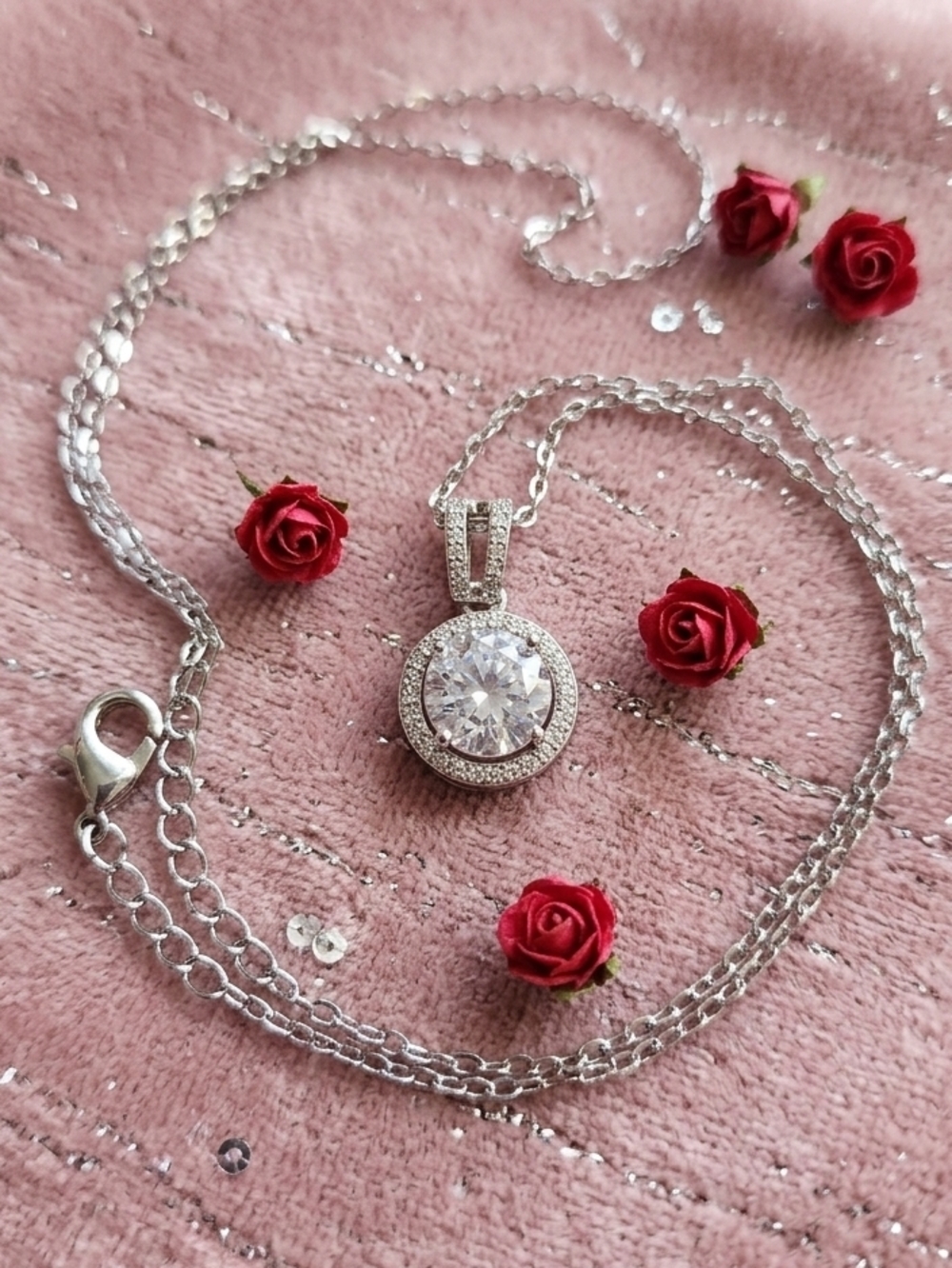 Silver Halo CZ Pendant Necklace - White Crystal